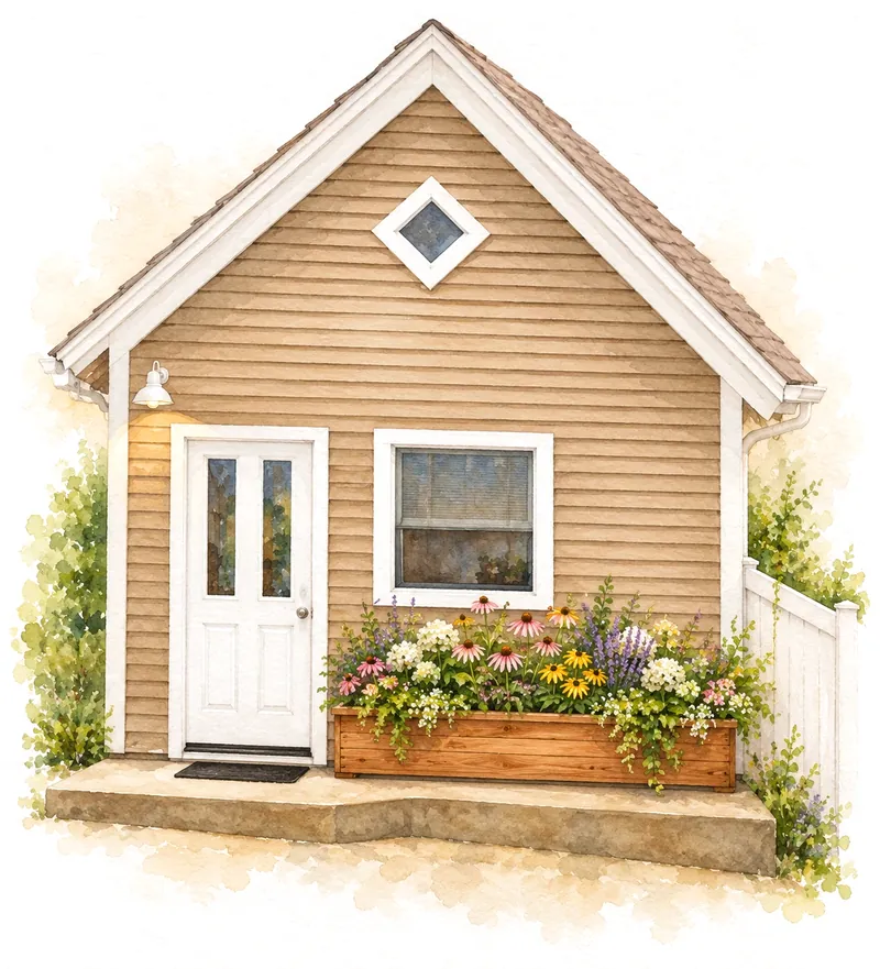Watercolor painting of the Cozy Cottage: a tan cottage with white trim, a white front door, and a wooden window box overflowing with coneflowers, black-eyed Susans, and lavender.